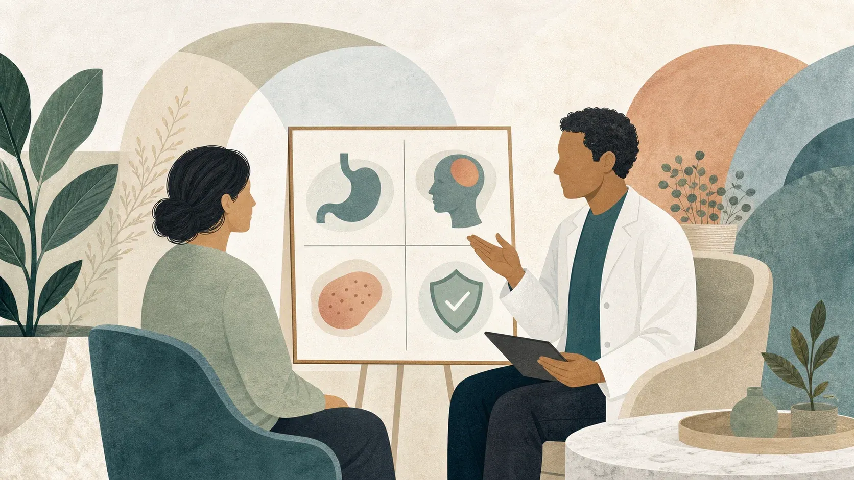 Clinician and patient review an abstract safety board showing common symptom areas and a shield