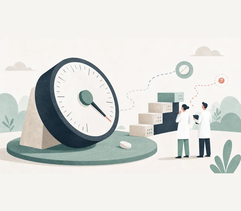 A person and clinician compare a small dose with an incomplete body of research