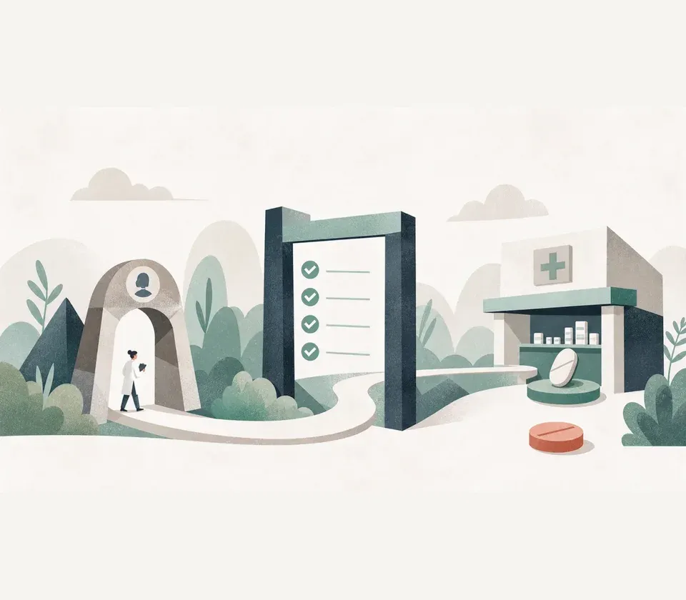 A clinician follows an eligibility pathway from assessment to pharmacy