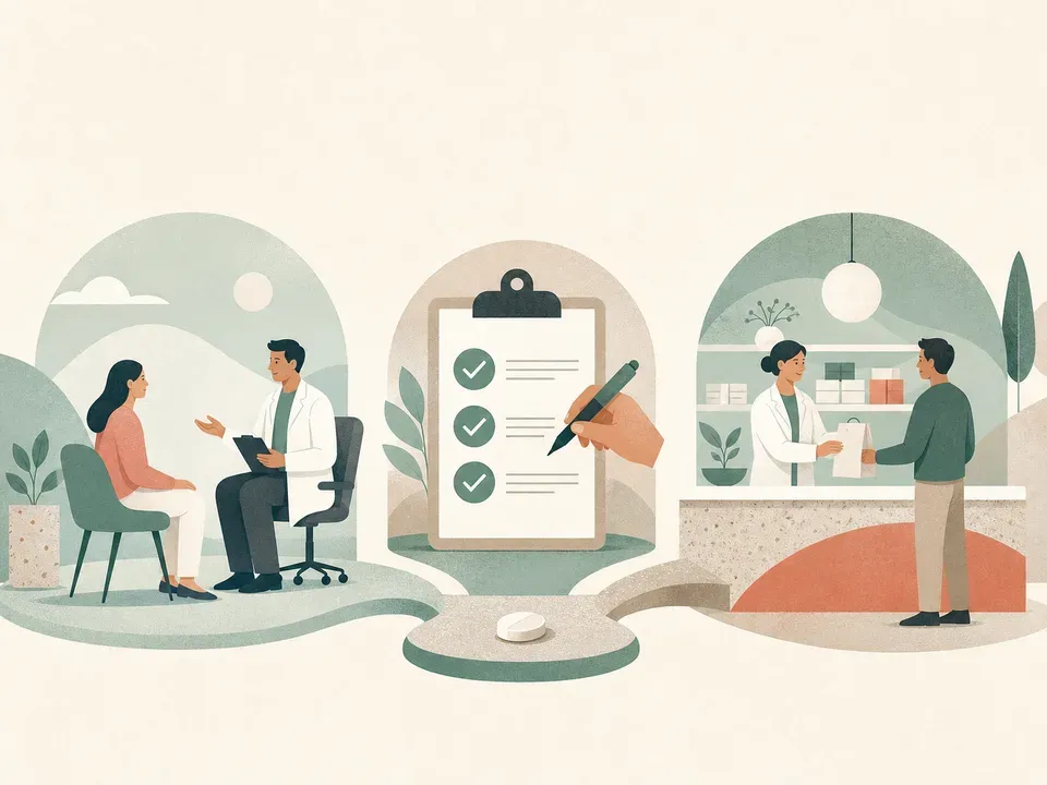 A patient moves from clinical assessment through an eligibility check to pharmacy supply