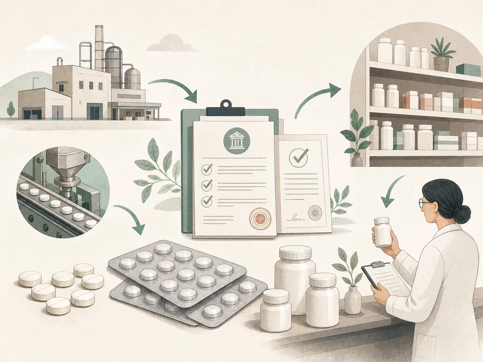 Generic tablets move from manufacturing through regulatory records to pharmacy supply