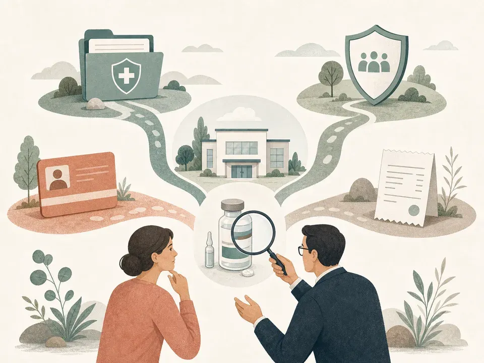 A patient and advisor verify four different medicine coverage pathways